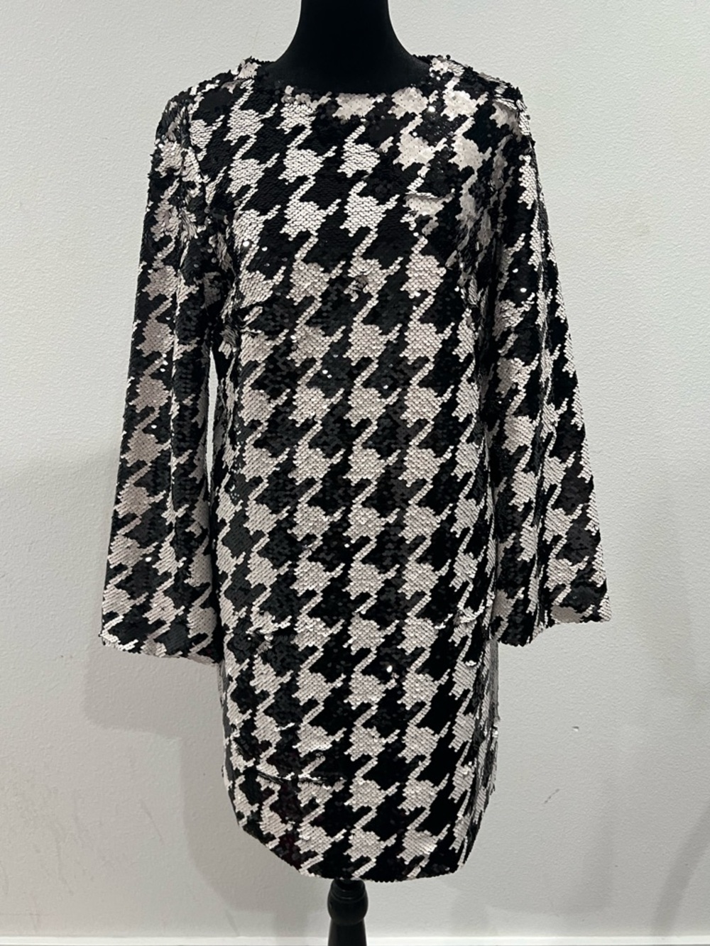 Tyler Boe NWT Sequin Mini Dress S • Black White Houndstooth • Party Cocktail